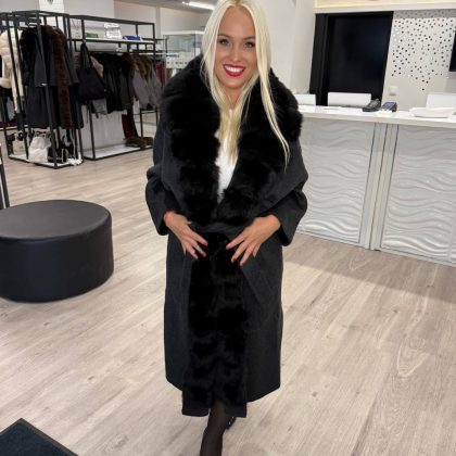 PFP LINERTA LUXUSNÝ KAŠMÍROVÝ KABÁT S KAPUCŇOU S KOŽUŠINOU BLACK
